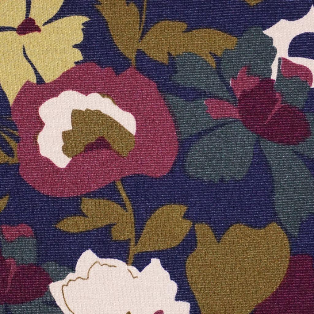 Romanitjersey Blätter und Blüten olivgrün dunkelblau pflaume